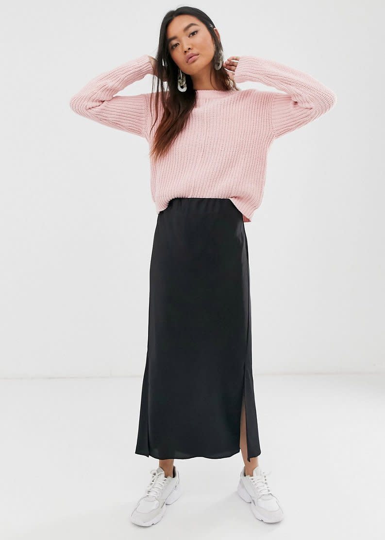 ASOS Design Bias Cut Satin Midi Skirt With Splits