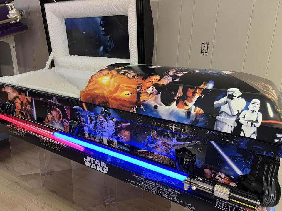 a photo of a star wars themed casket 