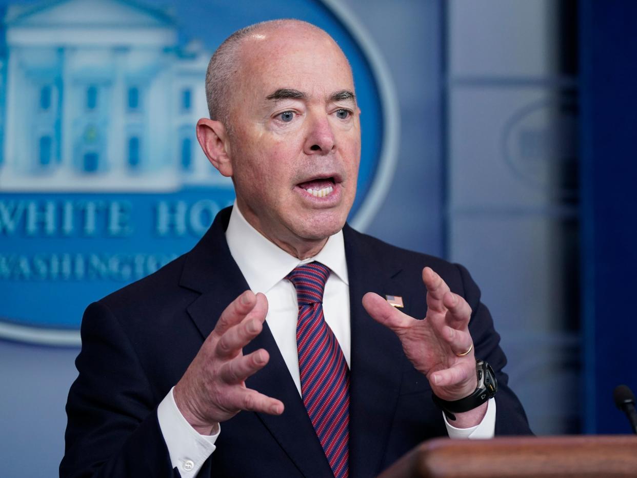 Secretary of Homeland Security Alejandro Mayorkas speaks during a press briefing at the White House, Friday, Sept. 24, 2021, in Washington (AP)