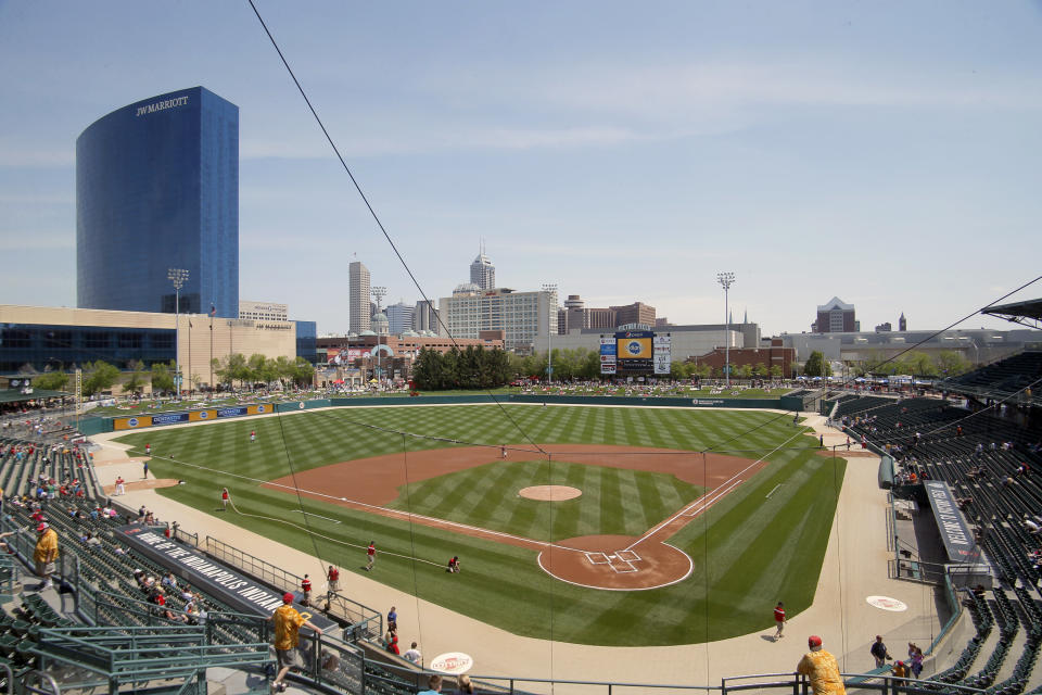 A wide shot of Victory Field prior to an Indianapolis Indians game.