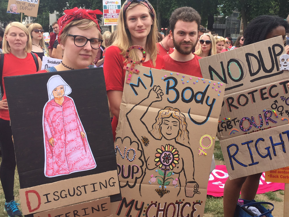 Protesters descended on Whitehall to campaign against a Tory deal with the DUP, which has drawn criticism for its right-wing stance on gay rights and abortion: Abortion Rights