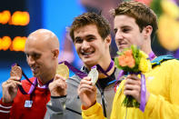 LONDON, ENGLAND - AUGUST 01: (L-R) Bronze medalist Brent Hayden of Canada, gold medalist Nathan Adrian of the United States and silver medalist James Magnussen of Australia pose with their medals during the medal cermony for the Men's 100m Freestyle on Day 5 of the London 2012 Olympic Games at the Aquatics Centre on August 1, 2012 in London, England. (Photo by Mike Hewitt/Getty Images)