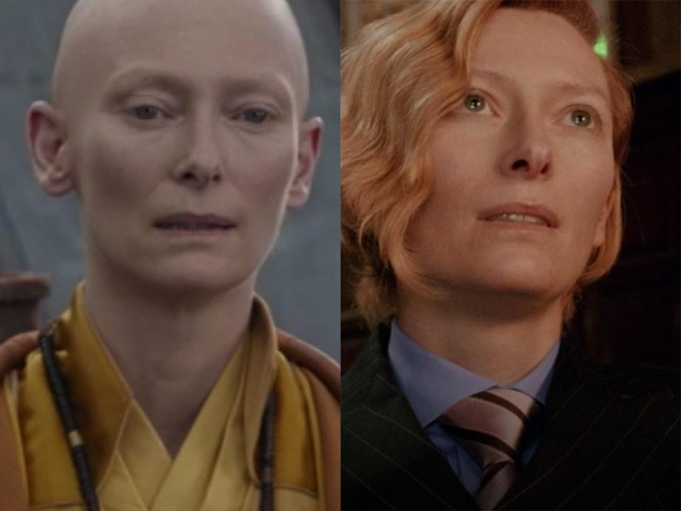 On the left: Tilda Swinton as the Ancient One in "Avengers: Endgame." On the right: Swinton as Gabriel in "Constantine."