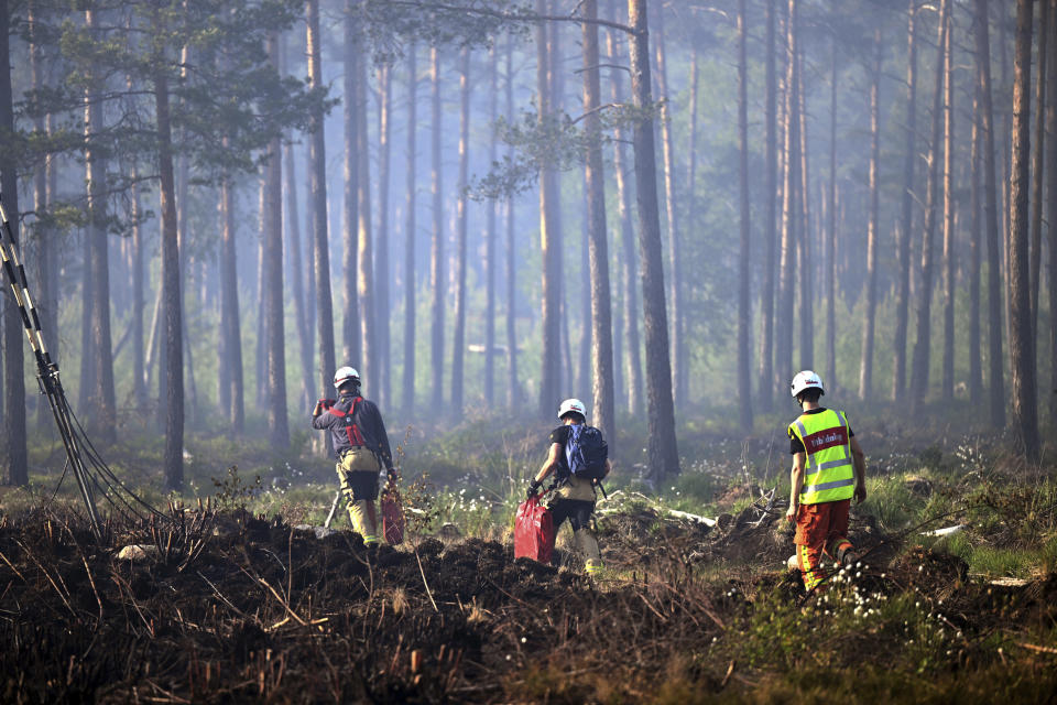 Firefighters work to put out a forest fire south of Alvesta, Sweden on June 6, 2023. A lack of rain and rising temperatures have led to dangerously dry conditions across the Nordic and Baltic countries. (Fredrik Sandberg/TT News Agency via AP)