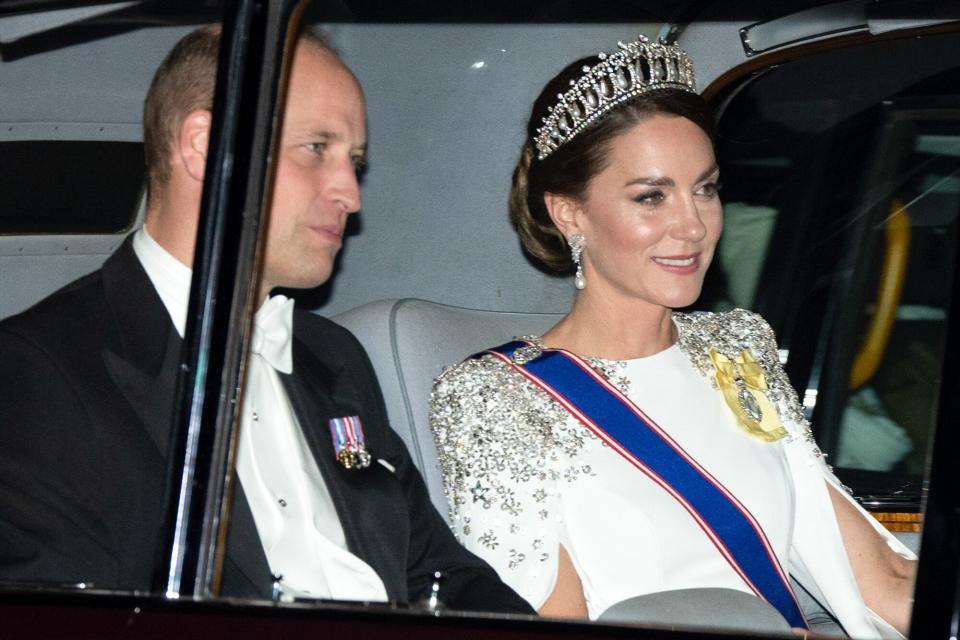 Catherine, Princess of Wales and Prince William, Prince of Wales arrive for a State Banquet at Buckingham Palace for The President of South Africa on November 22, 2022 in London, England. This is the first state visit hosted by the UK with King Charles III as monarch, and the first state visit here by a South African leader since 2010