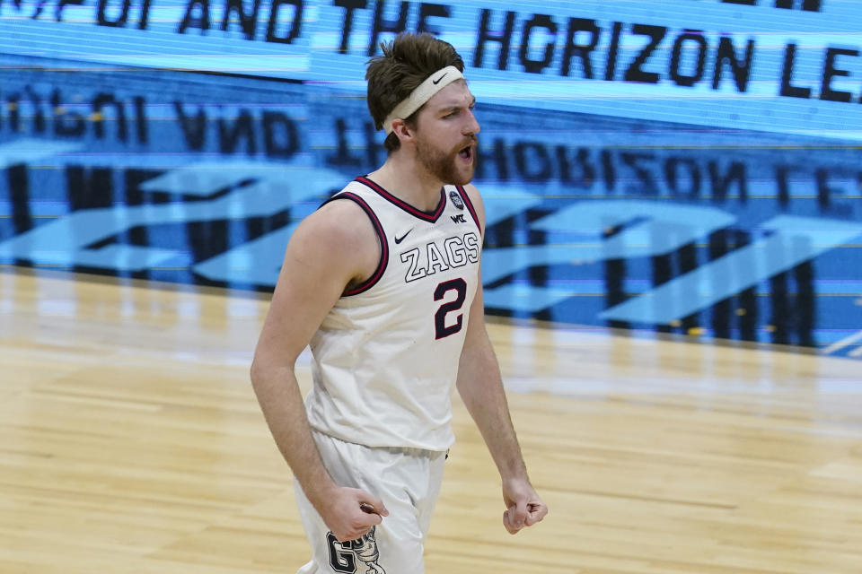 Gonzaga forward Drew Timme celebrates after a dunk during the second half of a men's Final Four NCAA college basketball tournament semifinal game against UCLA, Saturday, April 3, 2021, at Lucas Oil Stadium in Indianapolis. (AP Photo/Darron Cummings)