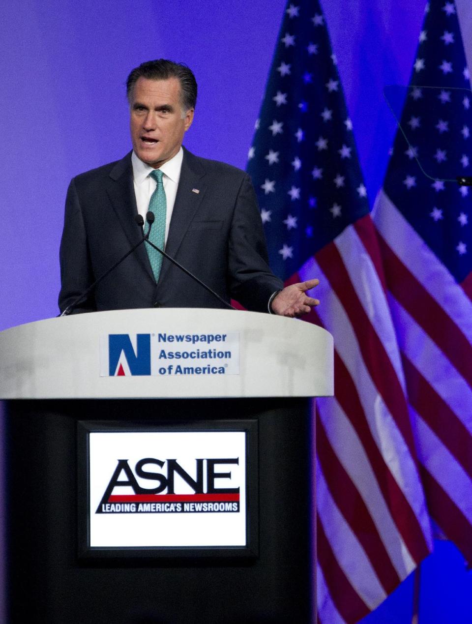 Republican presidential candidate, former Massachusetts Gov. Mitt Romney speaks at the Newspapers Association of America/ American Society of News Editors luncheon gathering in Washington, Wednesday, April 4, 2012. (AP Photo/Manuel Balce Ceneta)