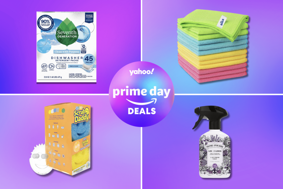 A selection of cleaning products are shown for Yahoo's guide to the best cleaning Prime Day deals.