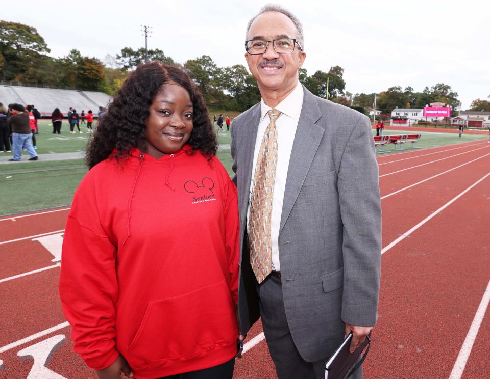 Acting principal Jose Duarte during Brockton High School's Class of 2024 yearbook photo at Rocky Marciano Stadium on Friday, Oct, 20, 2023. Approximately 700 students is the largest senior class in New England.