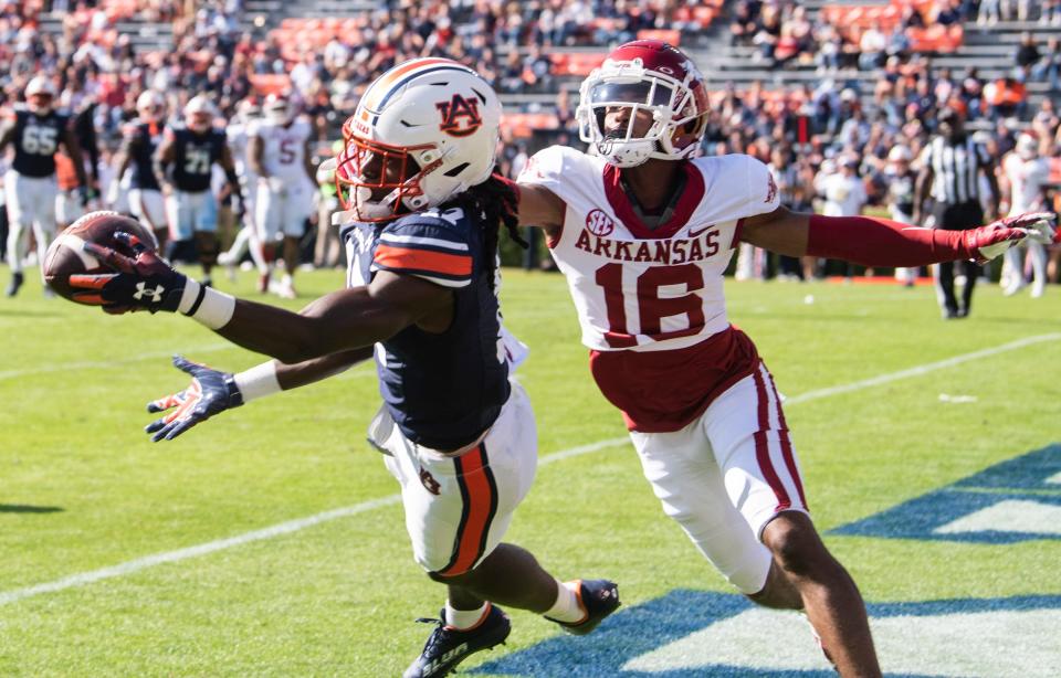 Auburn Tigers wide receiver Camden Brown (17) catches the ball in the end zone for at touchdown as the Auburn Tigers take on Arkansas Razorbacks at Jordan-Hare Stadium in Auburn, Ala., on Saturday, Oct. 29, 2022. 