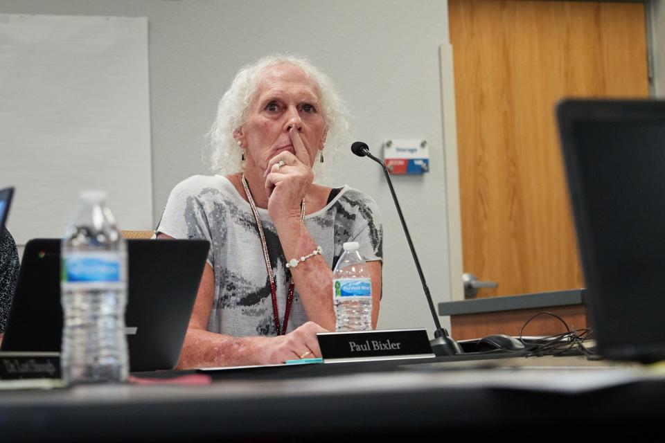 Paul Bixler listens to and asks questions during a meeting of the Liberty Elementary School Board in the Jerry Rovey District Facility building in Buckeye on June 20, 2022.