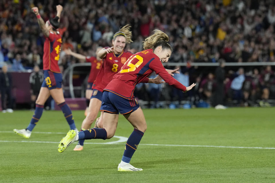 Spain's Olga Carmona celebrates after scoring her side's opening goal during the Women's World Cup soccer final between Spain and England at Stadium Australia in Sydney, Australia, Sunday, Aug. 20, 2023. (AP Photo/Alessandra Tarantino)
