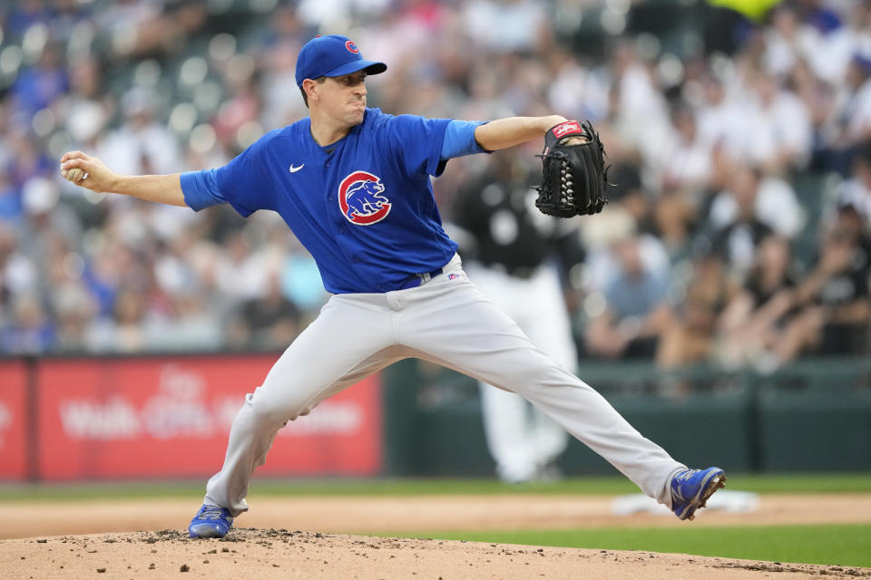 Chicago Cubs starting pitcher Kyle Hendricks delivers during the first inning of the team's baseball game against the Chicago White Sox on Tuesday, July 25, 2023, in Chicago. (AP Photo/Charles Rex Arbogast)