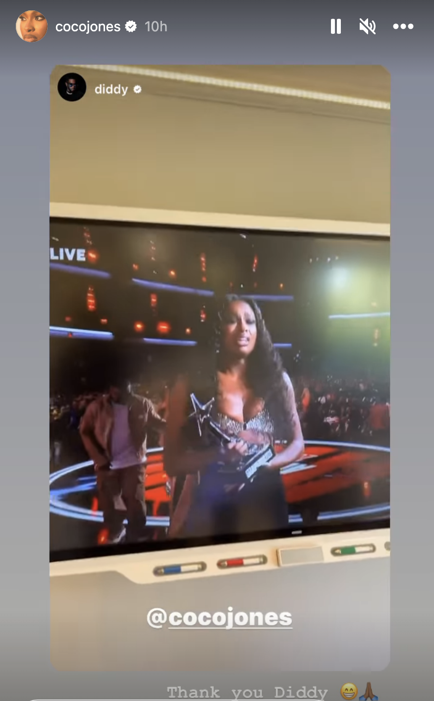Coco posted Diddy posting her on his IG accepting her award on TV with caption "Thank you Diddy"