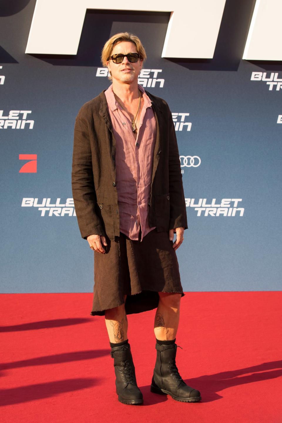 Brad Pitt attends Berlin premiere of Bullet Train in monochrome skirt look (Getty Images for Sony Pictures)