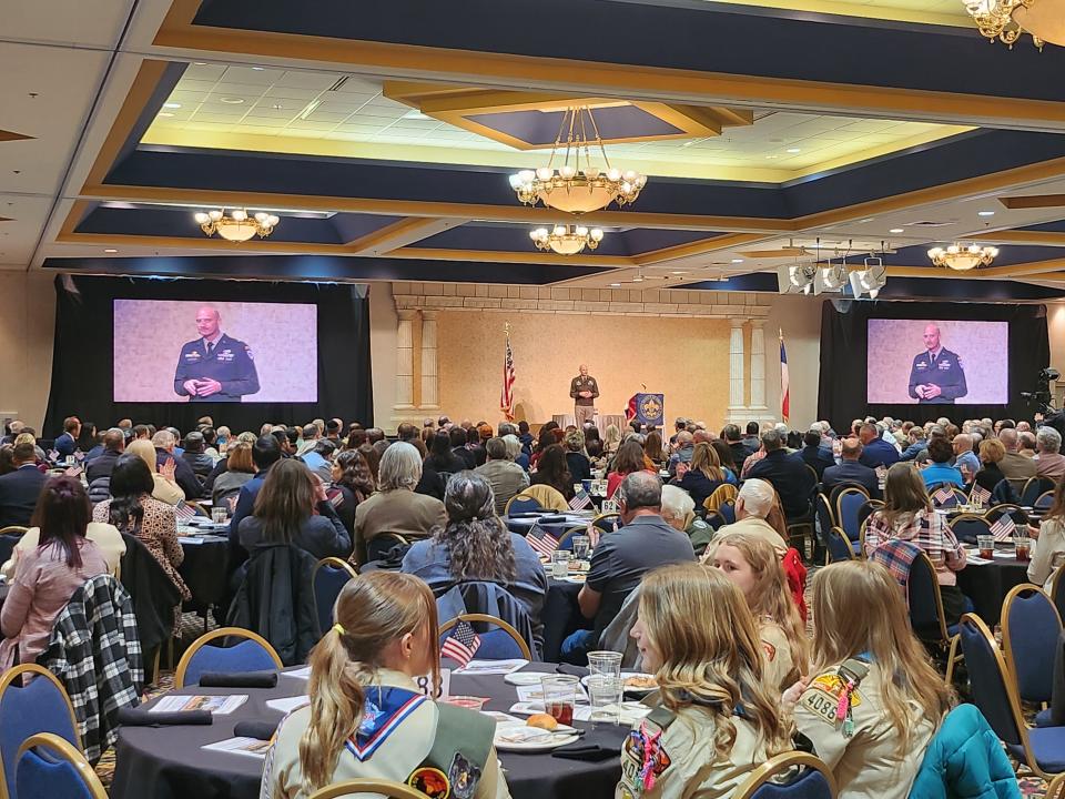 Keynote speaker, Brigadier General Patrick R. Michaelis, speaks about the foundational qualities and opportunities being a Boy Scout provides for youth at the 23rd annual Good Scout Luncheon, held Thursday afternoon in the Amarillo Civic Center Heritage Ballroom.