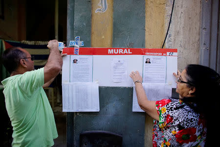 Election officials hang pictures and CVs of municipal assembly candidates moments before opening a polling station in Havana, Cuba November 26, 2017. REUTERS/Alexandre Meneghini