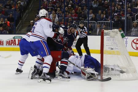 Nov 4, 2016; Columbus, OH, USA; Columbus Blue Jackets left wing Scott Hartnell (43) scores against Montreal Canadiens goalie Al Montoya (35) during the second period at Nationwide Arena. Mandatory Credit: Russell LaBounty-USA TODAY Sports