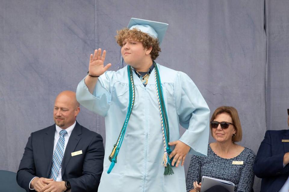 Central Coast New Tech High School held its graduation ceremony on June 8, 2024. They had eight valedictorians. Nicholas Heiland waves to the crowd.