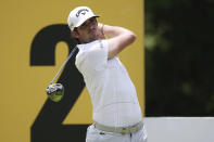 Nacho Elvira of Spain tees off at the 2nd hole at the Malaysia Golf Championship 2nd Round in Kuala Lumpur, Malaysia, Friday, March 22, 2019. (AP Photo/Vincent Phoon)