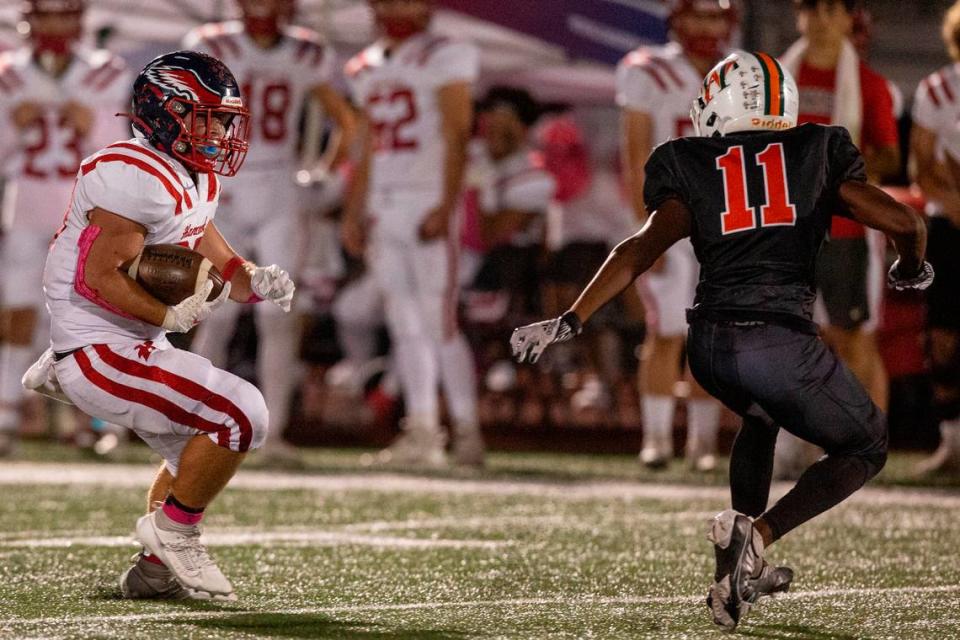 Hancock’s Jeffery Hopgood runs the ball down the field during a game at West Harrison High School in Harrison County on Friday, Oct. 6, 2023. Hannah Ruhoff/Sun Herald