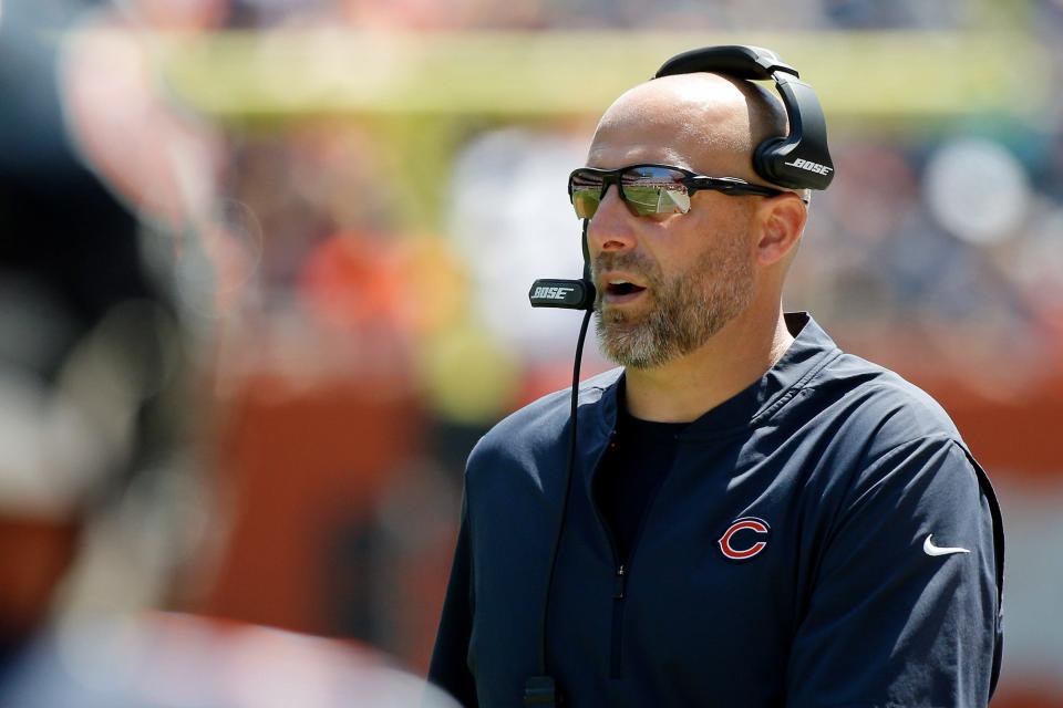 Chicago Bears head coach Matt Nagy walks on the sideline against the Miami Dolphins during the first half at Soldier Field.