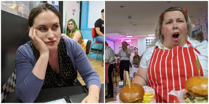 Left: The author sits in Karen's diner looking fed up. Right: A Karen's Diner waitress yells while serving burgers