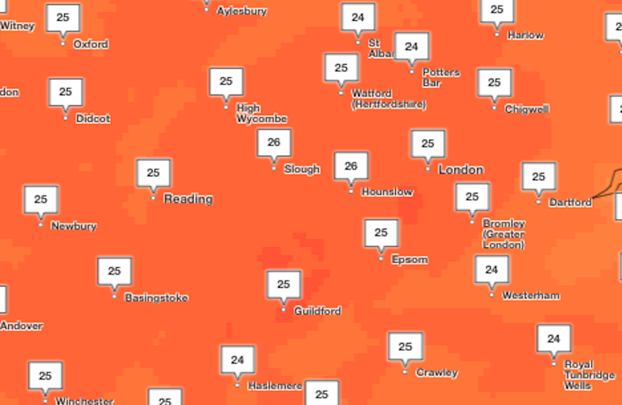 The warmest spell over the next few days will come at around 4pm on Tuesday, with area west of London and in Surrey, such as Guildford and Slough, reaching 26c. (Met Office)