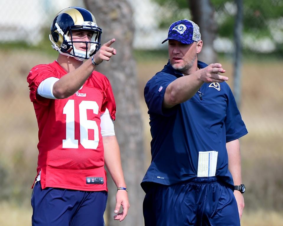 Weinke (R) most recently was the Rams’ quarterbacks coach. (Getty)