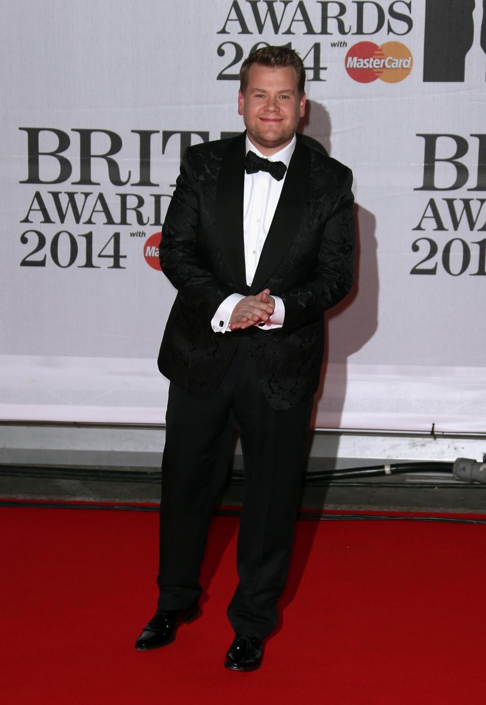 British actor James Corden arrives at the BRIT Awards 2014 at the O2 Arena in London on Wednesday, Feb. 19, 2014. (Photo by Joel Ryan/Invision/AP)