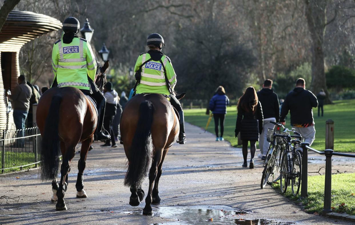 <p>Police patrol on horseback through St James' Park in London</p> (PA)