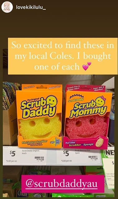 Image of sponges Scrub Daddy/ Mommy sponges on Coles supermarket shelves