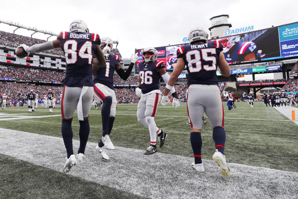 New England Patriots wide receiver Kendrick Bourne (84) celebrates with teammates after his touchdown during the second half of an NFL football game against the Buffalo Bills, Sunday, Oct. 22, 2023, in Foxborough, Mass. (AP Photo/Michael Dwyer)