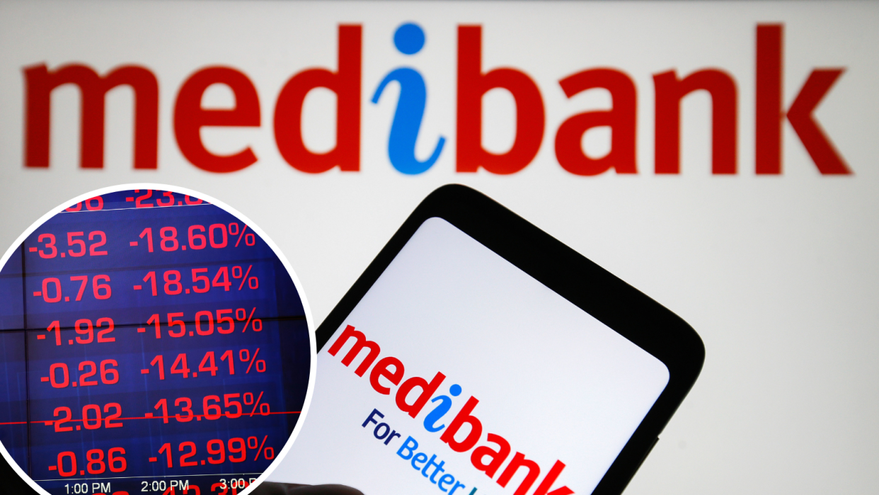 A composite image of the ASX board showing prices down and the Medibank logo.