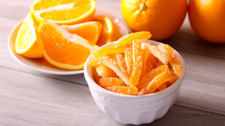 A bowl of candied orange peels