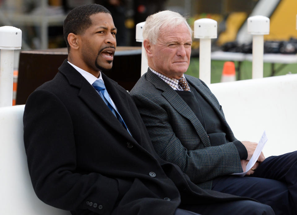 Andrew Berry (L), sitting with Browns owner Jimmy Haslam, will return to Cleveland as its new general manager. (Nick Cammett/Diamond Images/Getty Images)