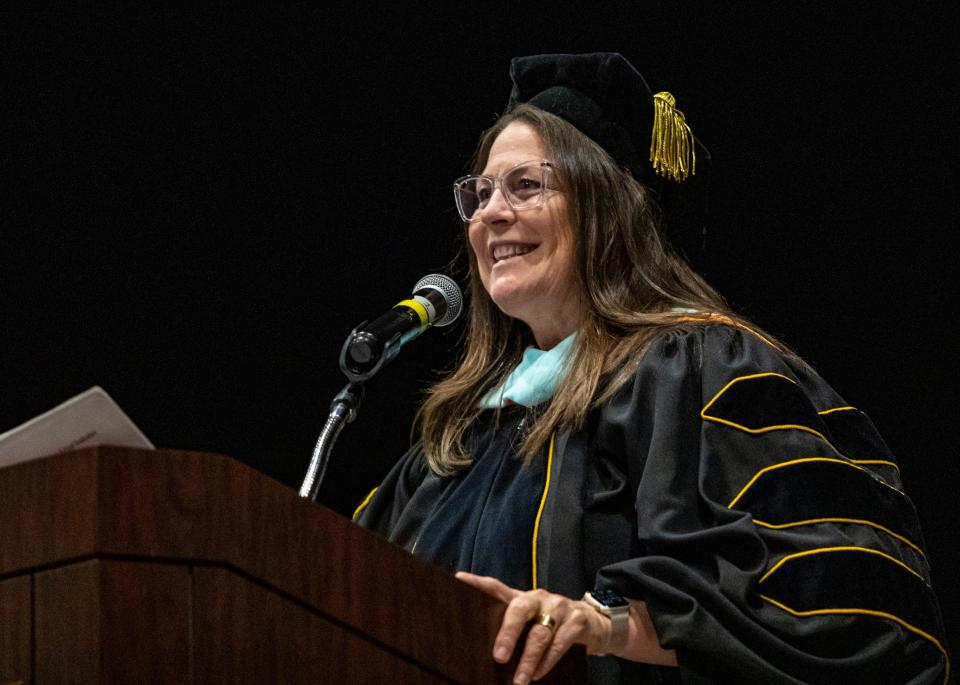 DSUSD Superintendent Kelly May-Vollmar formally accepts the Class of 2023 during the Amistad High School graduation ceremony at Fantasy Springs Resort Casino in Indio, Calif., Tuesday, May 23, 2023.