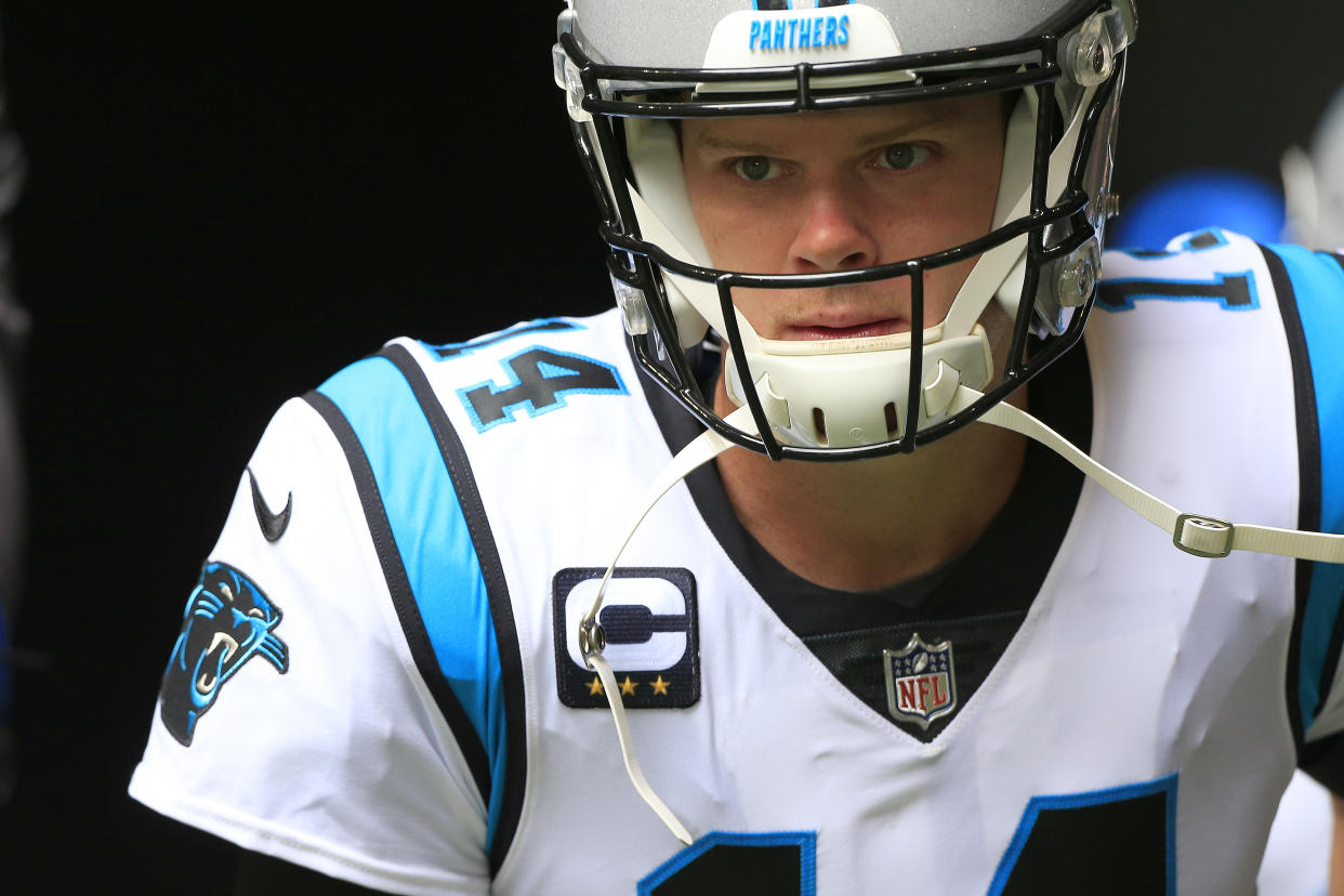 ATLANTA, GA - OCTOBER 31: Quarterback Sam Darnold #14 of the Carolina Panthers during the Week 8 NFL game between the Atlanta Falcons and the Carolina Panthers on October  31, 2021 at Mercedes-Benz Stadium in Atlanta, Georgia. (Photo by David J. Griffin/Icon Sportswire via Getty Images)