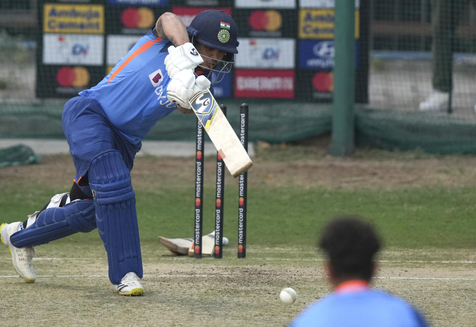 Indian cricket player Ishan Kishan attends a practice session on the eve of the first one-day international cricket match between India and New Zealand in Hyderabad, India, Tuesday, Jan. 17, 2023. (AP Photo/Mahesh Kumar A.)