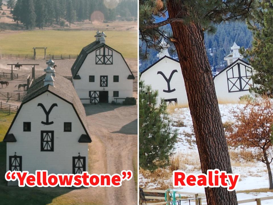 Side-by-side photos show the Dutton Ranch in "Yellowstone" and in real life.