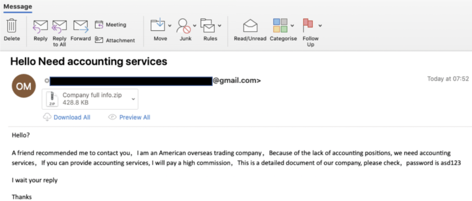 Screenshot of a scam email hosted by Microsoft targeting those who work in accounting.