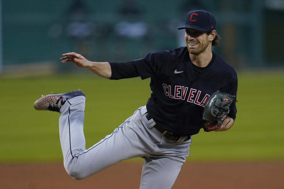 Cleveland Indians pitcher Shane Bieber throws against the Detroit Tigers in the second inning of a baseball game in Detroit, Thursday, Sept. 17, 2020. (AP Photo/Paul Sancya)