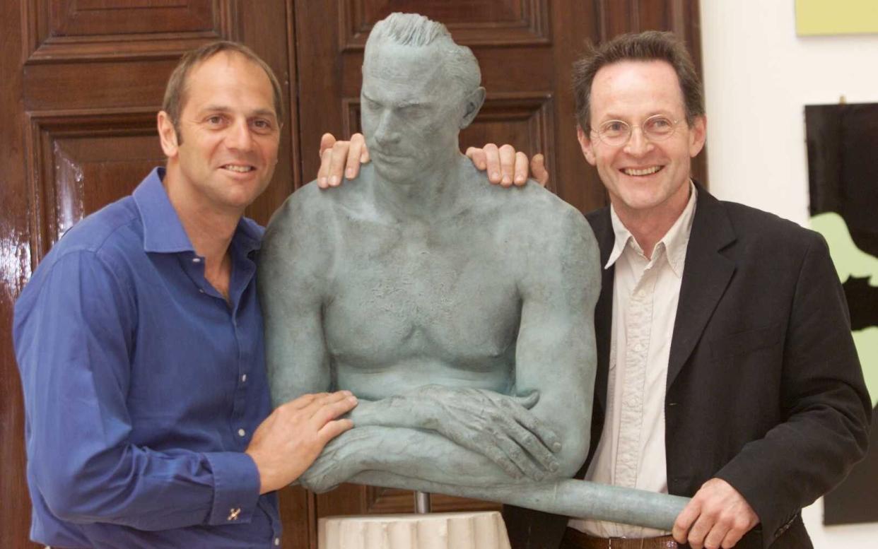 Nicholas Dimbleby, right, with Sir Steve Redgrave and Dimbleby's bronze lifecast of the oarsman ( 2001)
