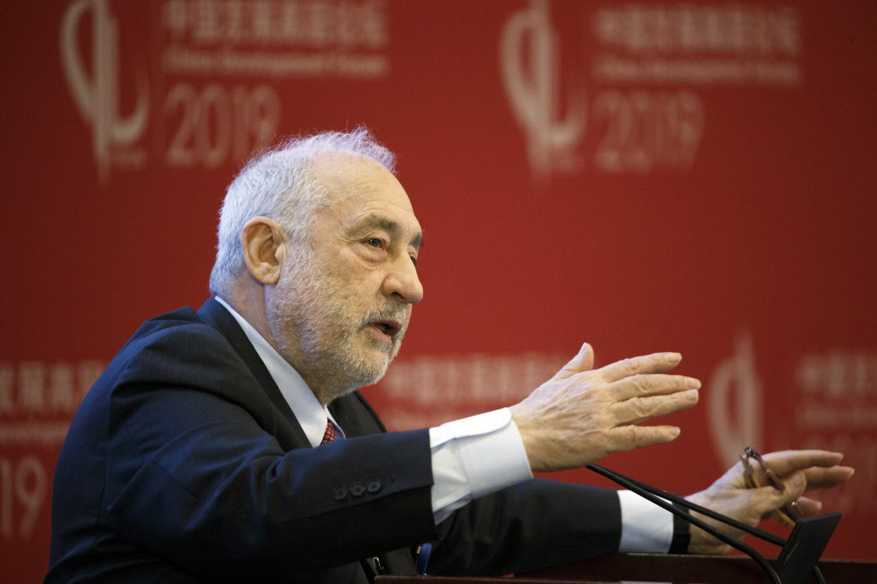 Columbia University Professor Joseph Stiglitz speaks at the China Development Forum in Beijing Sunday, March 24, 2019. (Thomas Peter/Pool Photo via AP)