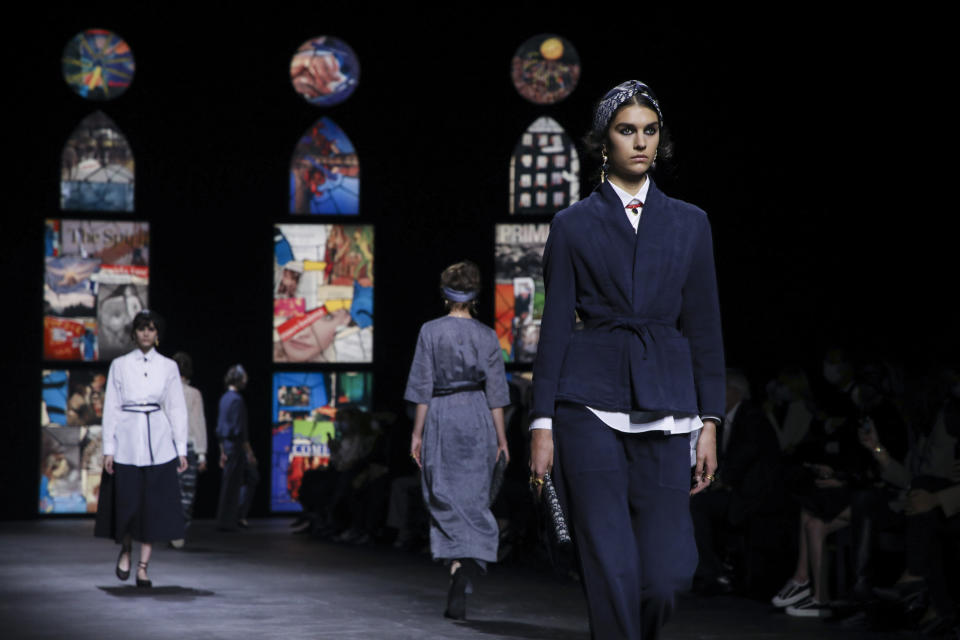 A model wears a creation for Dior's Spring-Summer 2021 fashion collection, Tuesday, Sept. 29, 2020, during Paris fashion week. (Photo by Vianney Le Caer/Invision/AP)