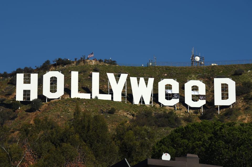 Hollywood sign changed to Hollyweed on January 1, 2017 in Los Angeles, California.