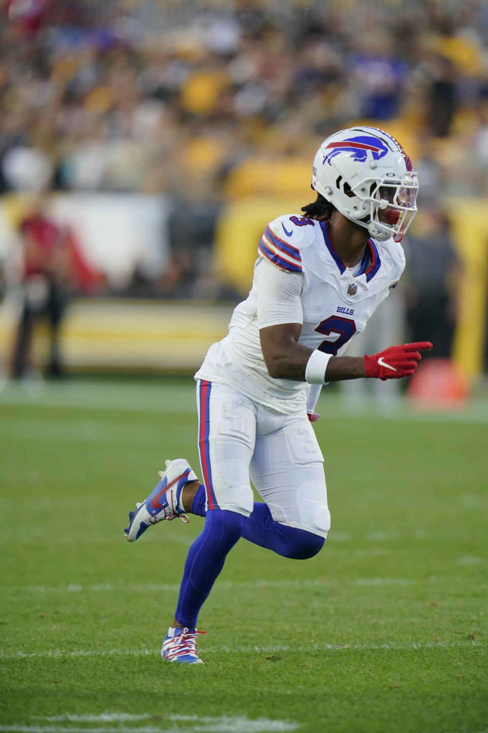 Buffalo Bills safety Damar Hamlin (3) runs in the first half of an NFL preseason football game against the Pittsburgh Steelers in Pittsburgh, Saturday, Aug. 19, 2023. (AP Photo/Gene Puskar)