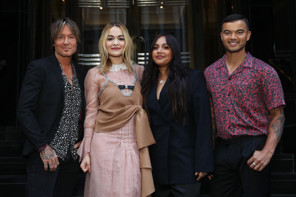Keith Urban, Rita Ora, Jessica Mauboy and Guy Sebastian pose during a photo call for 'The Voice' at Rockpool restaurant on February 17, 2021 in Sydney, Australia. 