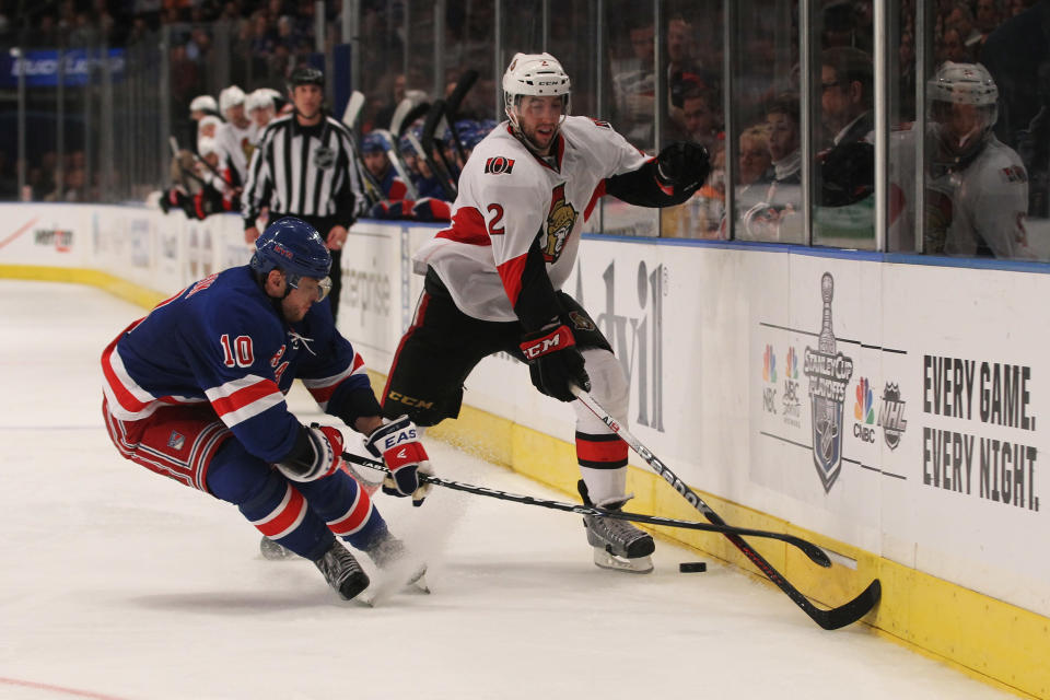 NEW YORK, NY - APRIL 26: Marian Gaborik #10 of the New York Rangers and Jared Cowen #2 of the Ottawa Senators vie for the puck in Game Seven of the Eastern Conference Quarterfinals during the 2012 NHL Stanley Cup Playoffs at Madison Square Garden on April 26, 2012 in New York City. (Photo by Bruce Bennett/Getty Images)