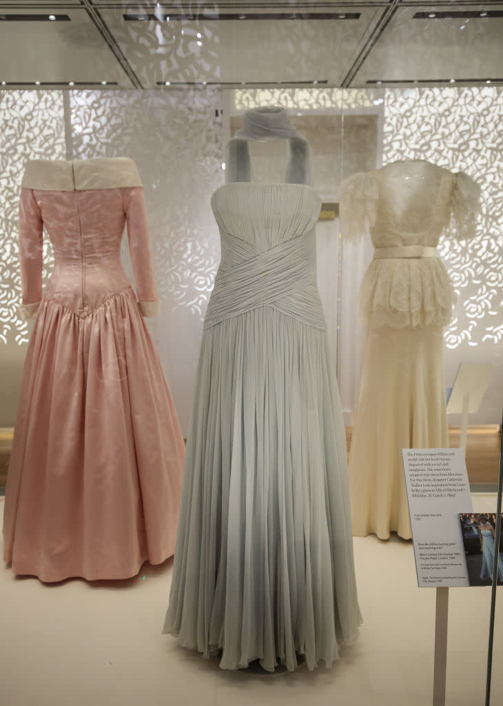 LONDON, ENGLAND - FEBRUARY 22: A 1987 Catherine Walker blue silk chiffon evening gown (C) worn by Princess Diana at the 1987 Cannes Film Festival on display at a press preview at Kensington Palace on February 22, 2017 in London, England. The exhibition 'Diana: Her Fashion Story', which showcases a number of the Princess' dresses and outfits, opens to the public on February 24 as part of events commemorating the life of Princess Diana to mark the 20th anniversary of her death in Paris on August 31st, 1997.  (Photo by Jack Taylor/Getty Images)